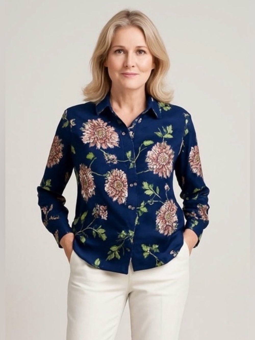 Cabi Navy Blue Peach Orange Green Floral Semi-Sheer Blouse Size Small